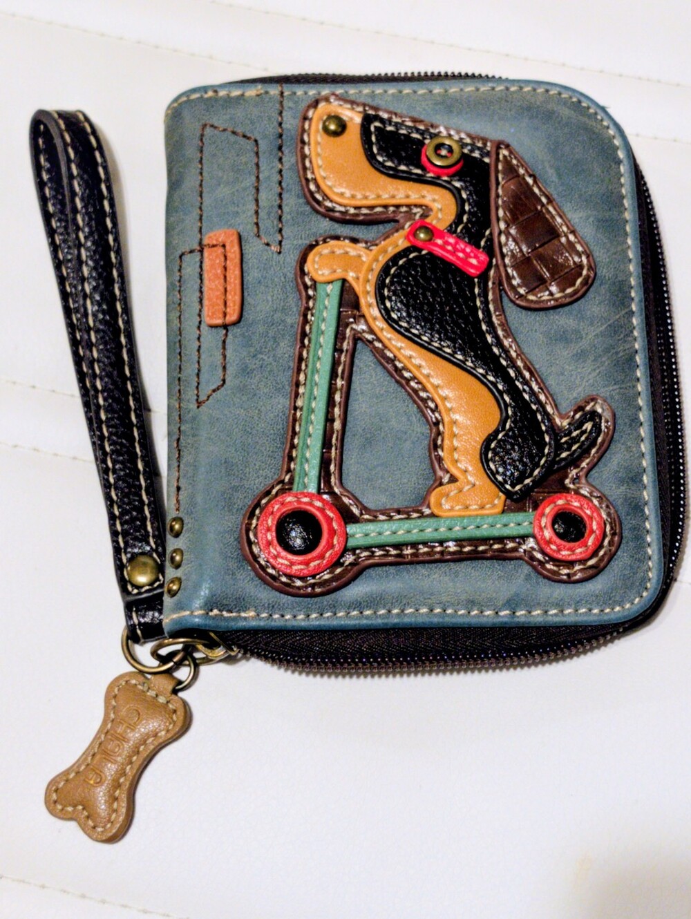 Chala Blue Dog Scooter Wristlet Wallet - Dog Design- Zip Closures